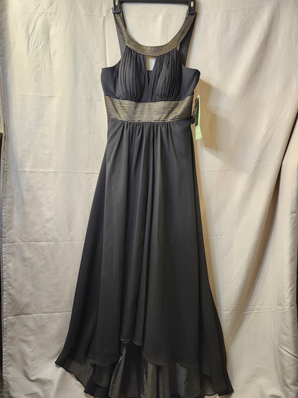 Nicole by Nicole Miller Black Chiffon High-Low Dress with Gold Accents